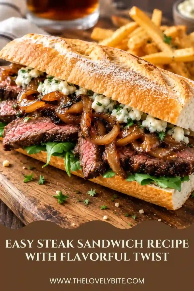 A toasted steak sandwich filled with juicy sliced flank steak, melted provolone cheese, caramelized onions, and green bell peppers. This Easy Steak Sandwich Recipe is served warm on a soft hoagie roll.