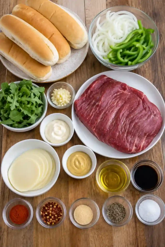 Homemade steak hoagie served with melted cheddar cheese, sautéed peppers, onions, and crisp lettuce inside a toasted roll.