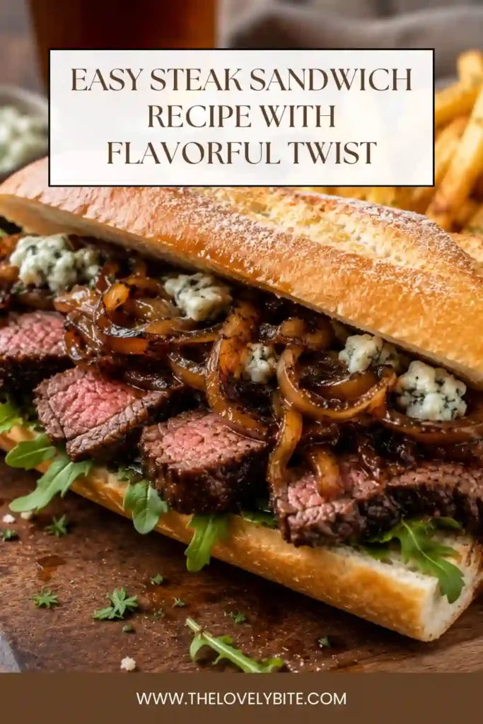 Freshly prepared flank steak sandwich topped with melted cheese and caramelized vegetables on a rustic hoagie bun.