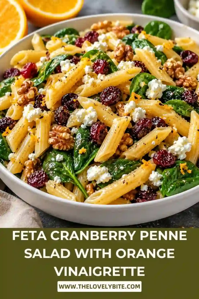 Fresh Feta Cranberry Penne Salad featuring colorful spinach, sweet cranberries, creamy feta, and crunchy walnuts tossed with citrus orange dressing. A vibrant vegetarian pasta salad.