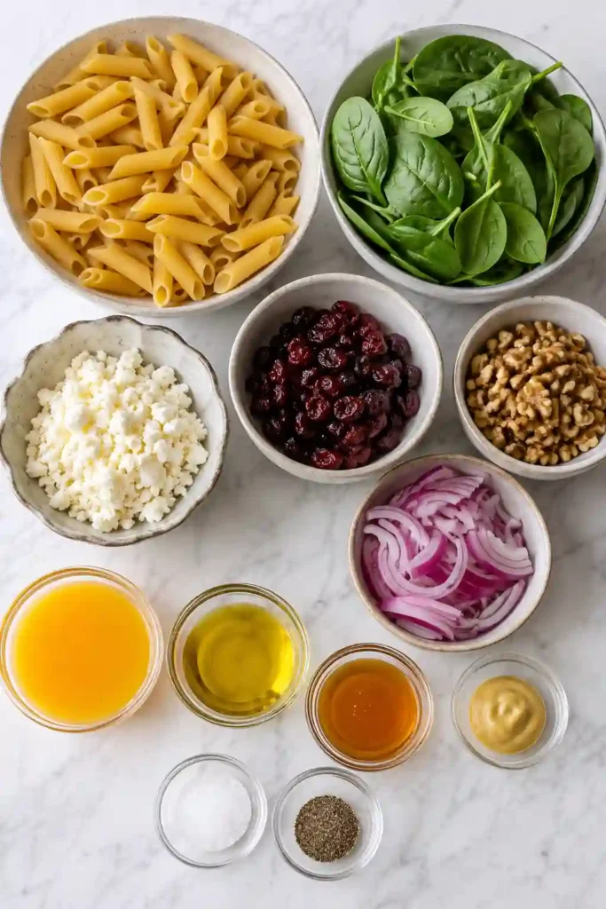 A bowl of Feta Cranberry Penne Salad filled with tender penne pasta, crumbled feta cheese, dried cranberries, toasted walnuts, and fresh spinach. The salad is coated in a bright homemade orange vinaigrette.