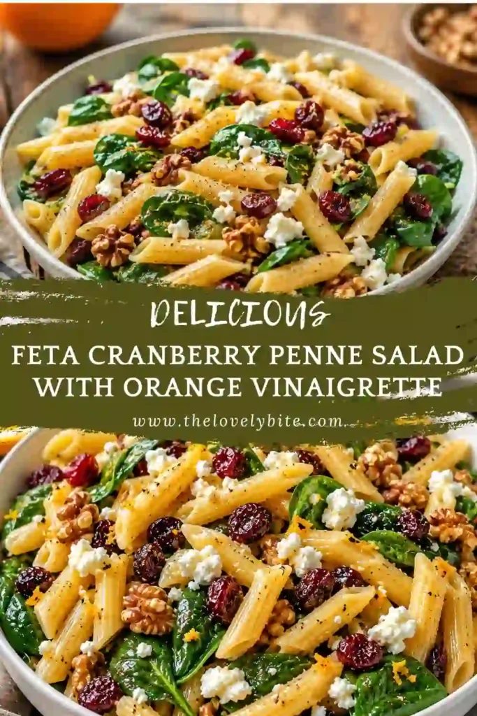 Easy Feta Cranberry Penne Salad served in a white bowl with fresh orange vinaigrette. A refreshing pasta salad perfect for picnics, lunches, and potluck gatherings.