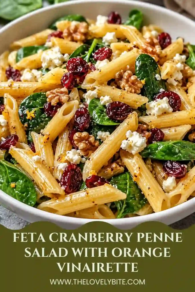 Homemade Feta Cranberry Penne Salad garnished with walnuts and spinach in a citrus orange vinaigrette. A colorful and flavorful vegetarian side dish.