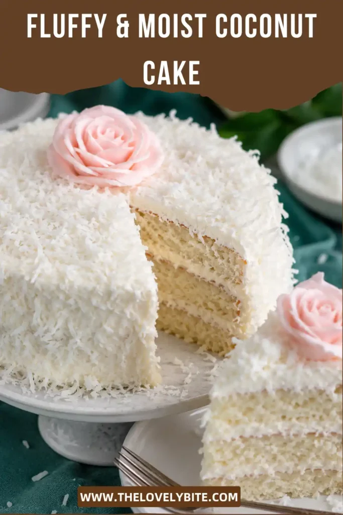 Homemade Fluffy & Moist Coconut Cake with thick cream cheese frosting and toasted coconut garnish.