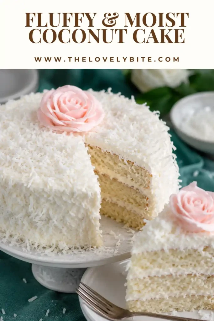 Fluffy & Moist Coconut Cake decorated with shredded coconut and coconut cream cheese frosting on a white cake stand.