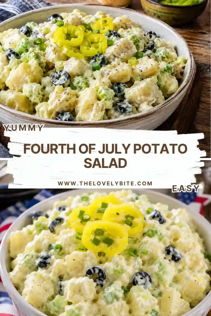 A homemade Fourth of July Potato Salad featuring creamy mayonnaise dressing, diced potatoes, olives, and eggs. A delicious BBQ potato salad for holiday gatherings.