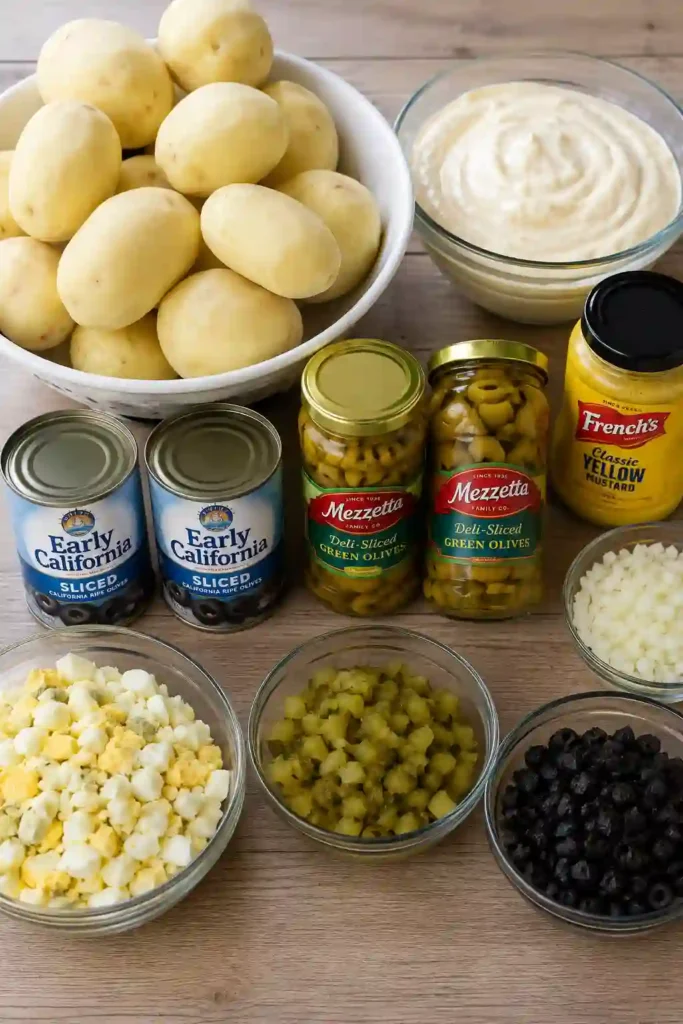 Creamy Fourth of July Potato Salad served in a large bowl with chopped eggs, olives, pickles, and tender potatoes. This classic American holiday side dish is perfect for summer cookouts and picnics.
