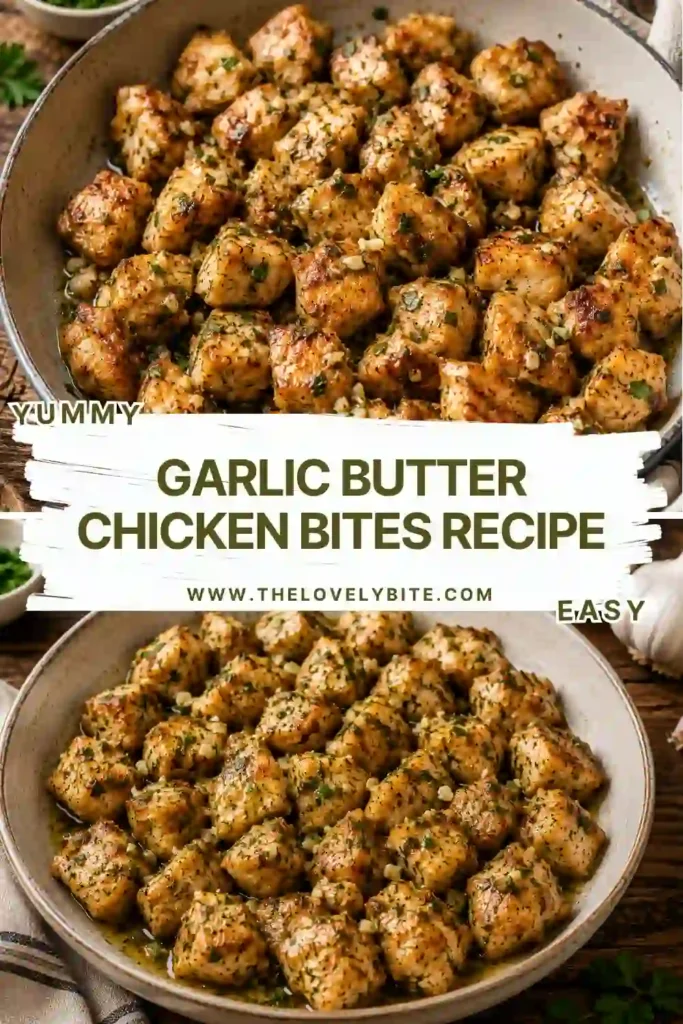 Close-up of buttery chicken bites covered in fresh garlic and herbs. This easy garlic chicken recipe makes a perfect high-protein meal.