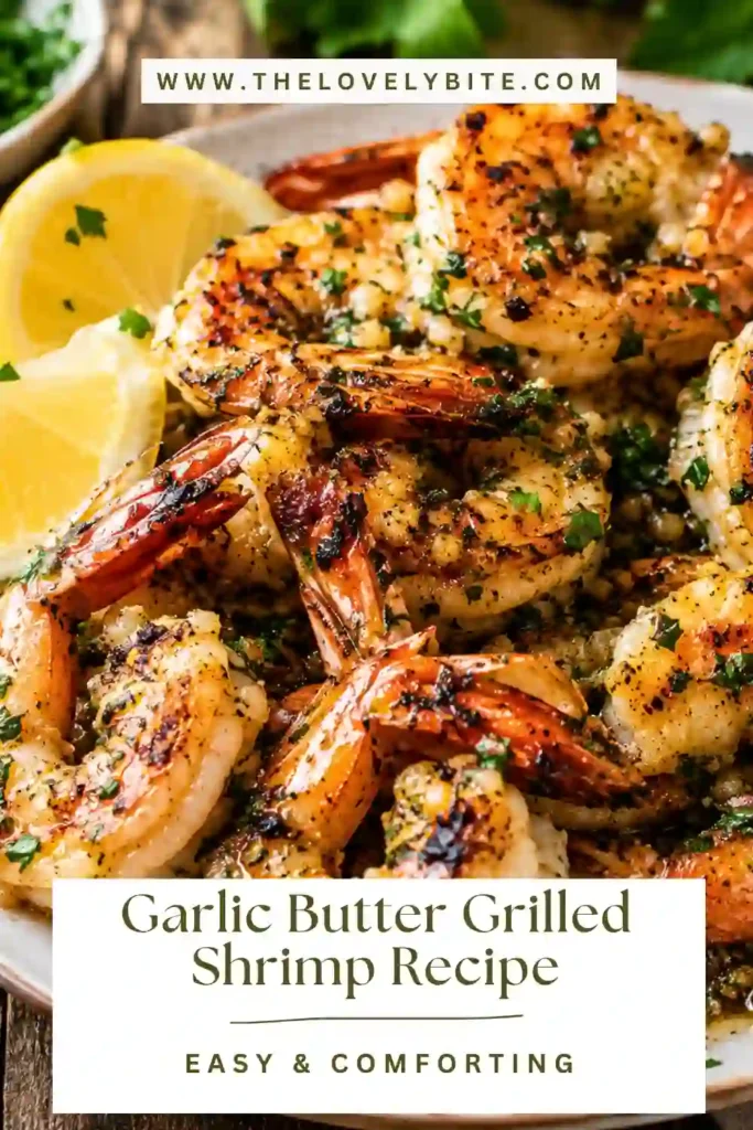 Close-up of buttery grilled shrimp cooked over high heat until lightly charred. Served with fresh lemon for a bright finishing touch.
