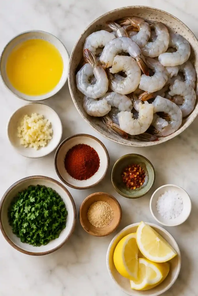 Garlic Butter Grilled Shrimp served on skewers with fresh parsley and lemon wedges. The shrimp are juicy, lightly charred, and coated in a rich garlic butter sauce.