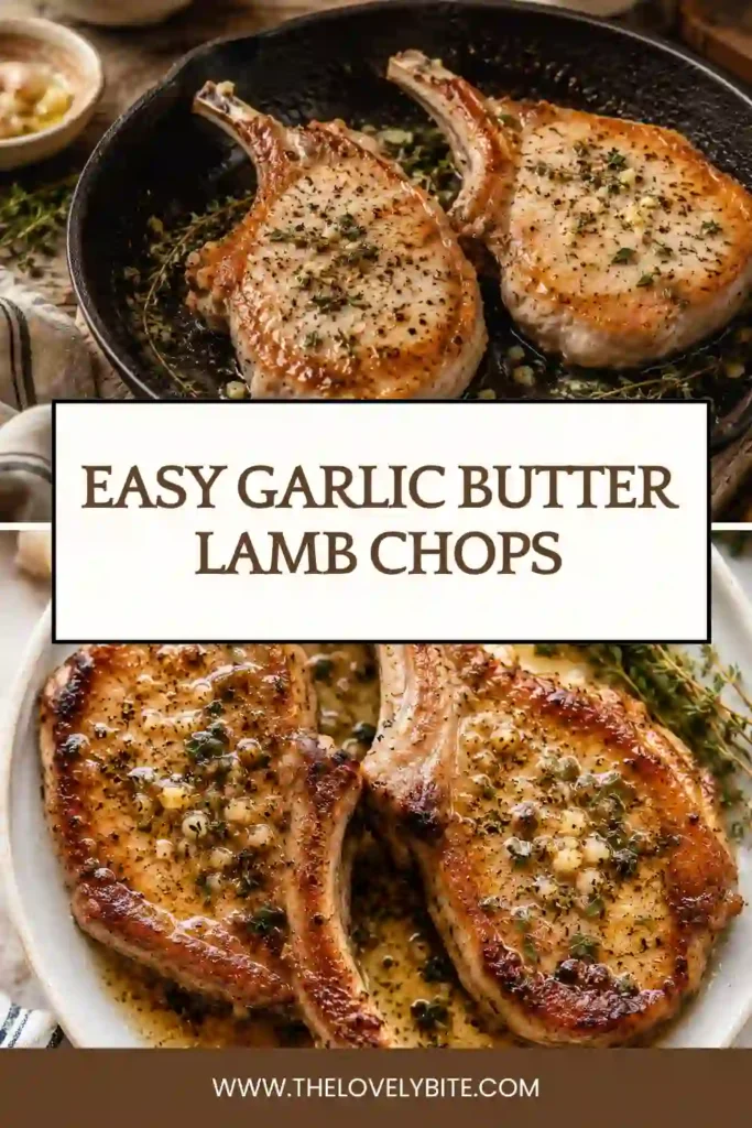 A close-up of bone-in Garlic Butter Lamb Chops resting in a skillet with melted butter, minced garlic, and fresh thyme. This easy lamb chop dinner is rich, savory, and beautifully golden.