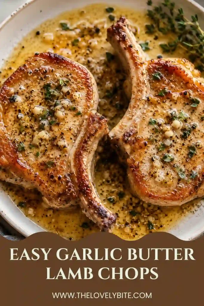 Freshly cooked Garlic Butter Lamb Chops served with garlic butter sauce and herbs on a dinner plate. The bone-in lamb chops have a crispy golden exterior and a tender center.