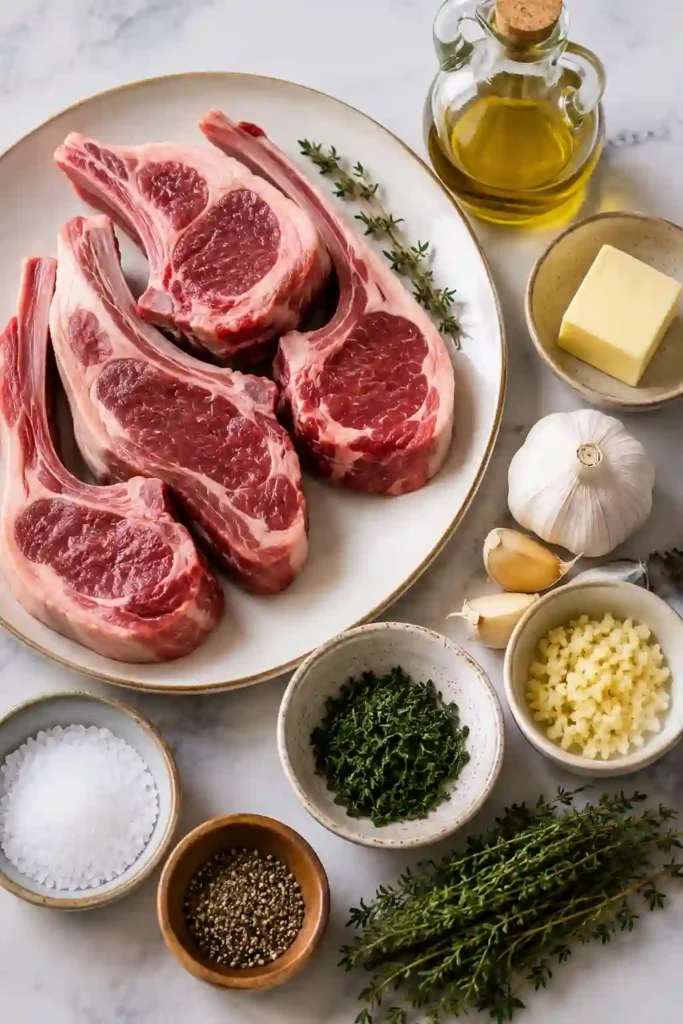 Golden-brown Garlic Butter Lamb Chops are seared in a skillet and topped with a rich garlic butter sauce and fresh thyme. The tender bone-in lamb chops are juicy, flavorful, and served hot for a delicious dinner.