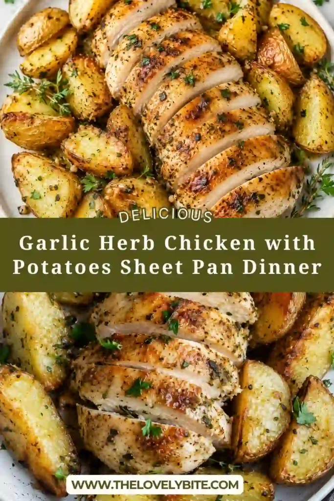Golden roasted Garlic Herb Chicken with Potatoes served fresh from a sheet pan. Juicy seasoned chicken breasts pair perfectly with crispy Yukon Gold potato wedges for an easy family dinner.
