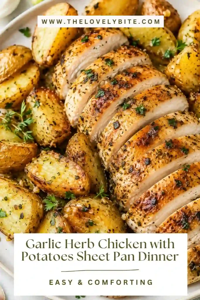 A freshly baked sheet pan chicken dinner featuring garlic herb chicken and roasted potatoes garnished with fresh parsley. This easy weeknight dinner is hearty, flavorful, and simple to prepare.