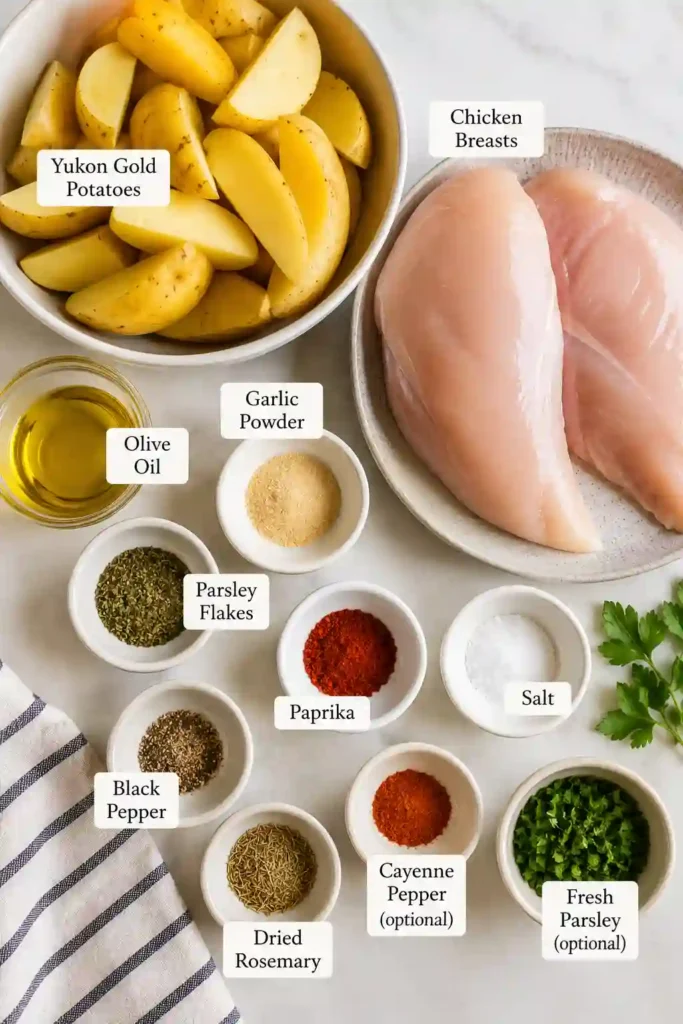 Homemade Garlic Herb Chicken with Potatoes served on a dinner plate with fresh parsley. This garlic herb chicken recipe is perfect for a wholesome weeknight meal.