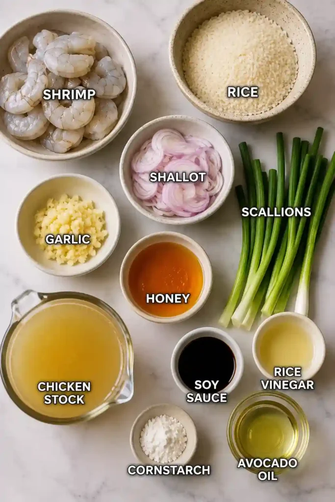 A bowl of Garlic Shrimp Rice Bowl topped with juicy shrimp, fluffy white rice, fresh scallions, and a glossy honey garlic sauce. This easy shrimp rice bowl is perfect for a quick family dinner.