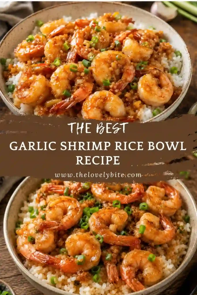 Freshly cooked shrimp served over warm rice with garlic sauce and scallions in a simple dinner bowl. This shrimp and rice recipe is perfect for busy weeknights.