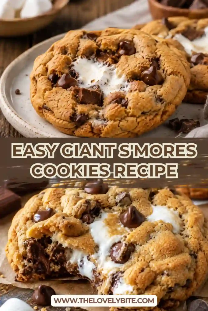 Oversized Giant S'mores Cookies cooling on a wire rack with melted chocolate and toasted marshmallows peeking through the soft cookie dough.