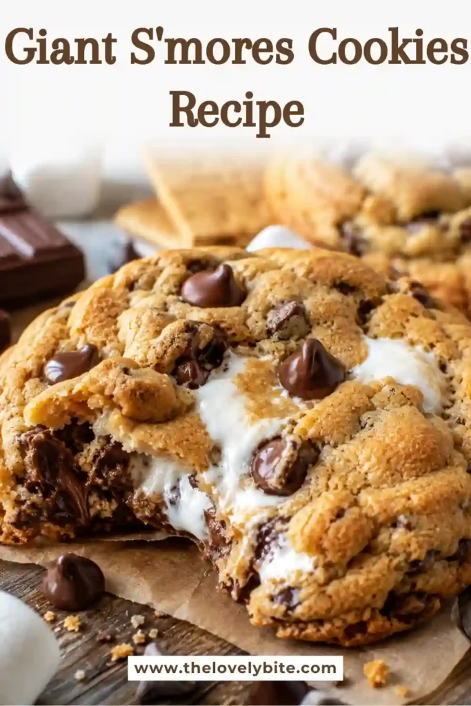 Close-up of homemade Giant S'mores Cookies stuffed with chocolate bars, fluffy marshmallows, and crunchy graham crackers for a rich dessert.