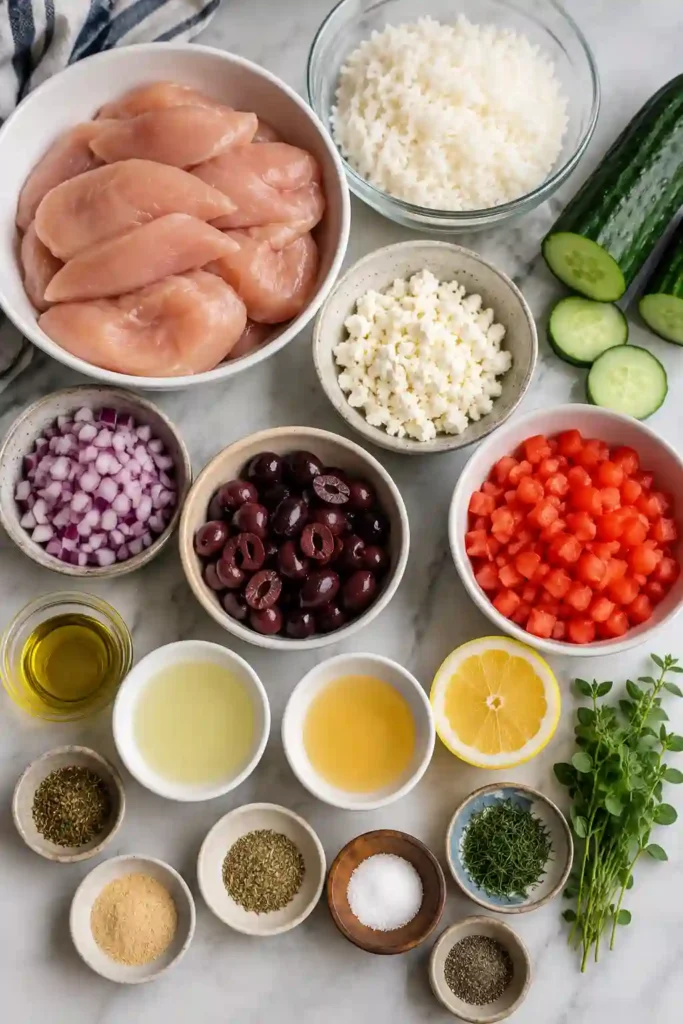 Fresh Greek Chicken Bowls filled with sliced lemon herb chicken, fluffy white rice, crisp cucumber salad, feta cheese, olives, and tomatoes. This colorful Mediterranean meal is healthy, protein-rich, and perfect for meal prep.