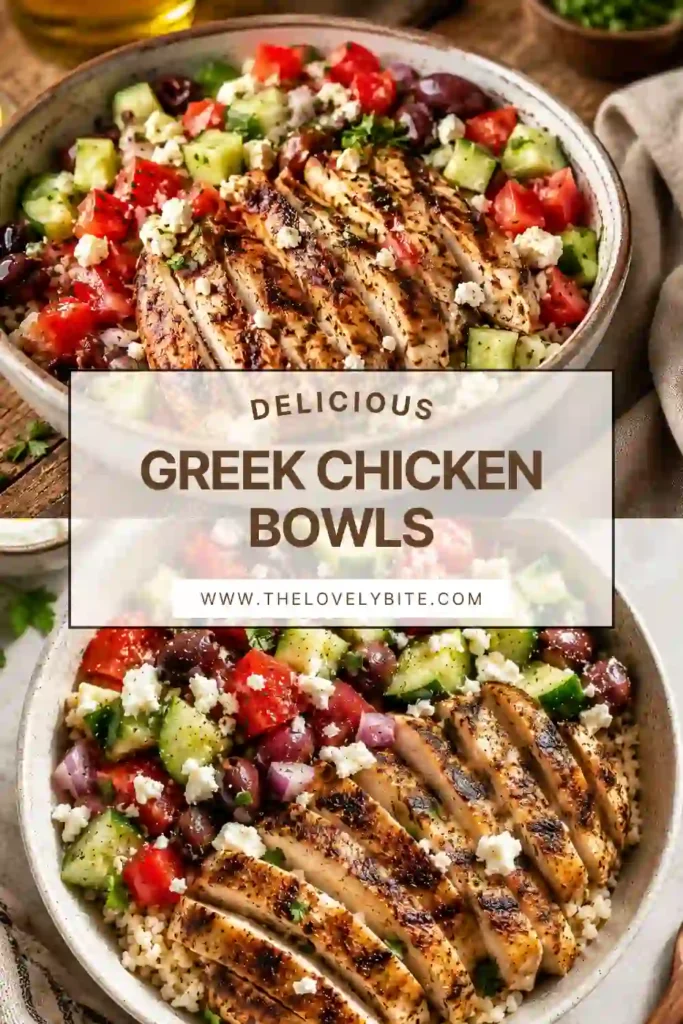 Healthy Greek Chicken Bowls served with tender grilled chicken, fresh cucumber tomato salad, fluffy rice, and crumbled feta. A balanced meal packed with Mediterranean flavors.