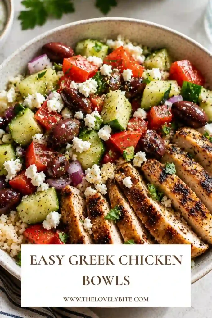 Easy Greek Chicken Bowls topped with juicy oregano lemon chicken, crisp vegetables, olives, feta, and rice. This wholesome meal is ideal for lunch, dinner, or weekly meal prep.