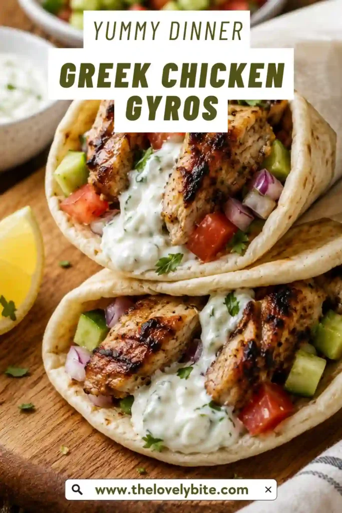 Close-up of Greek Chicken Gyros featuring grilled chicken, cucumber, tomato, onion, and creamy tzatziki wrapped in soft pita bread.