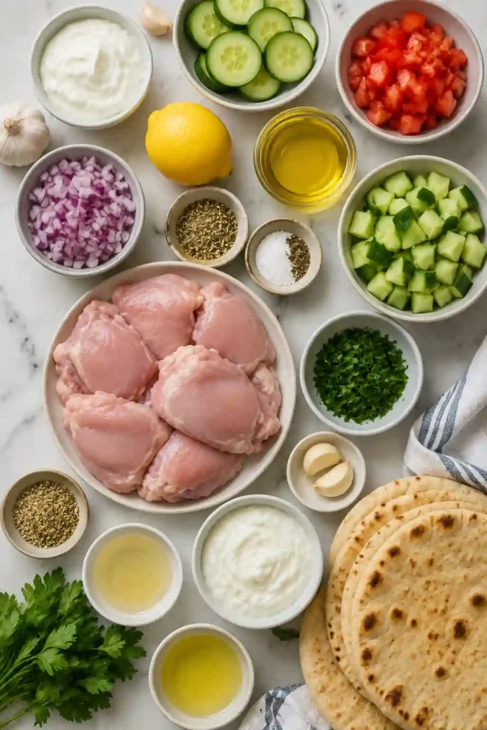 Warm pita wraps filled with juicy grilled Greek chicken, homemade tzatziki, and colorful vegetables arranged on a serving platter.