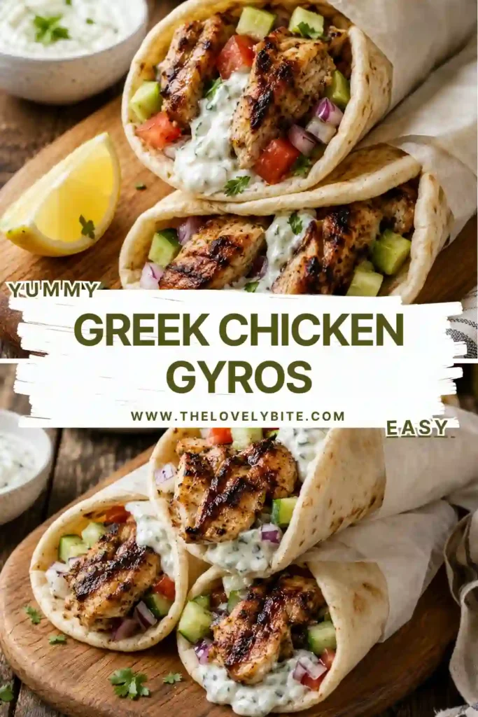 Homemade Greek Chicken Gyros served with fresh salad and creamy tzatziki on warm pita bread. Golden grilled chicken adds rich flavor and a juicy texture.