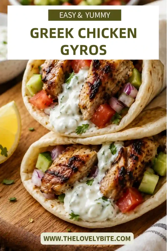 Fresh Greek Chicken Gyros filled with grilled marinated chicken, creamy tzatziki, tomatoes, cucumbers, and onions wrapped in warm pita bread. The wrap showcases vibrant Mediterranean flavors and textures.v