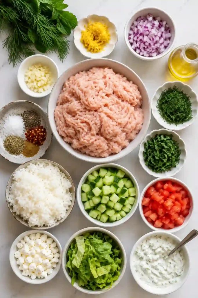 Greek Chicken Meatballs served over chopped romaine with cucumber, tomatoes, feta cheese, white rice, and homemade tzatziki. This healthy Mediterranean meal is colorful, fresh, and packed with protein.