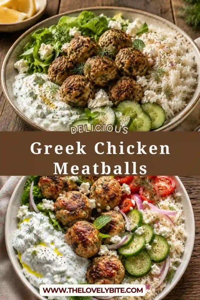 Golden brown Greek Chicken Meatballs cooked in a skillet and served with fluffy rice, crisp vegetables, creamy homemade tzatziki, and crumbled feta for an easy Mediterranean dinner.