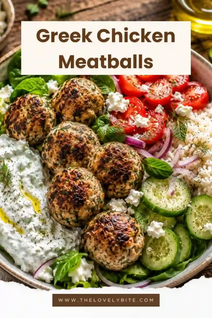 Freshly cooked Mediterranean chicken meatballs paired with romaine lettuce, tomatoes, cucumbers, feta cheese, and creamy homemade tzatziki for a complete Greek-inspired meal.