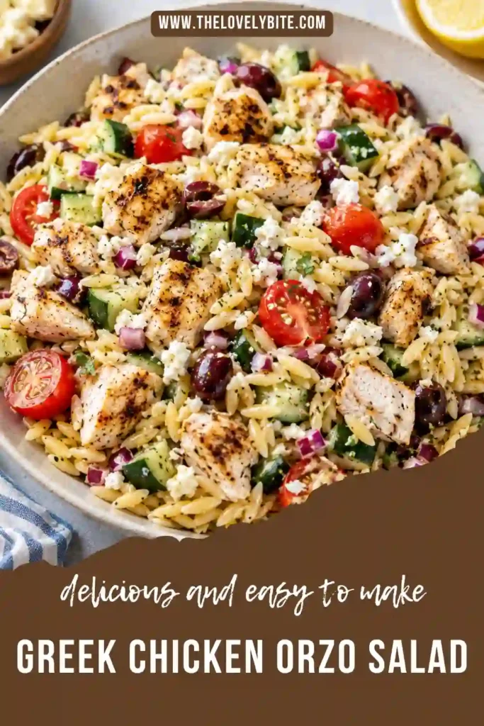 A healthy Mediterranean orzo salad filled with juicy grilled chicken, cucumbers, tomatoes, Kalamata olives, roasted peppers, feta cheese, and fresh herbs. Served as a colorful meal prep lunch or dinner.