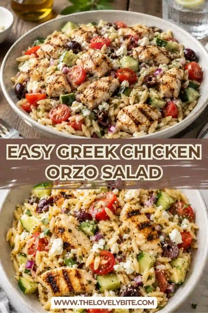 Greek pasta salad made with orzo, grilled chicken, feta cheese, fresh herbs, cherry tomatoes, olives, cucumbers, and roasted peppers in a homemade vinaigrette.