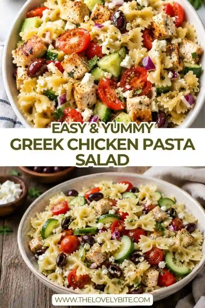 Healthy Greek Chicken Pasta Salad featuring grilled chicken, fresh vegetables, olives, feta cheese, and farfalle pasta served with homemade vinaigrette. Perfect for lunch or dinner.