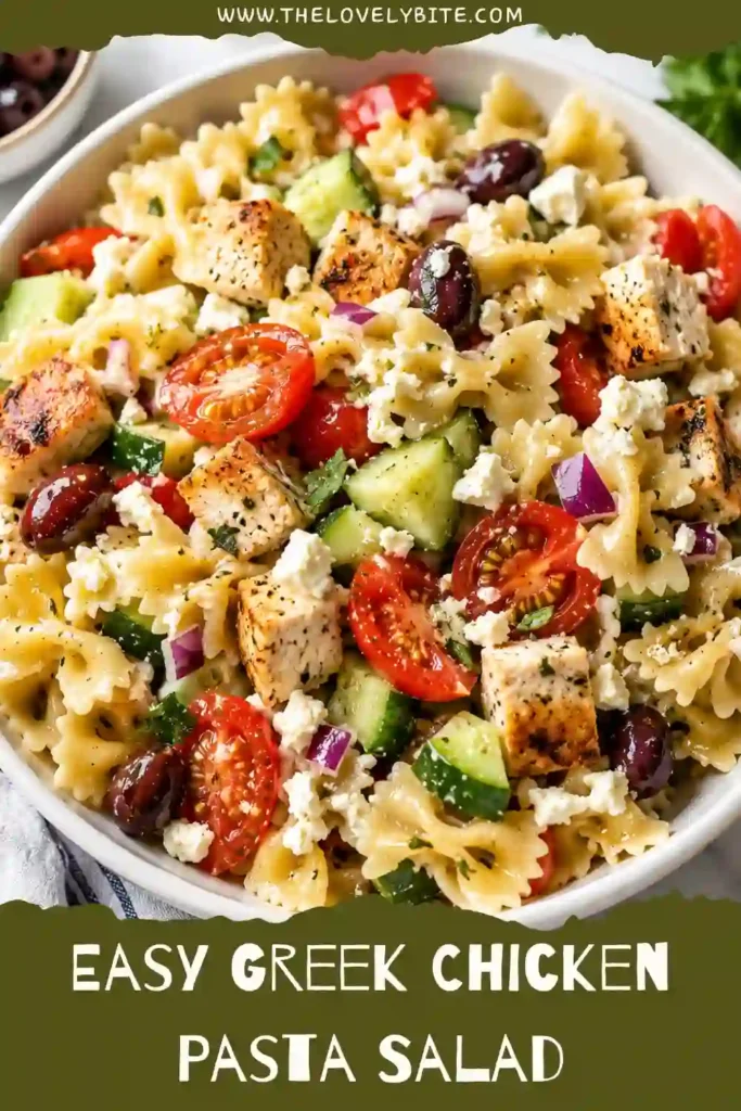 Fresh Mediterranean pasta salad with grilled chicken, feta cheese, cucumbers, tomatoes, olives, and colorful bell peppers served chilled.