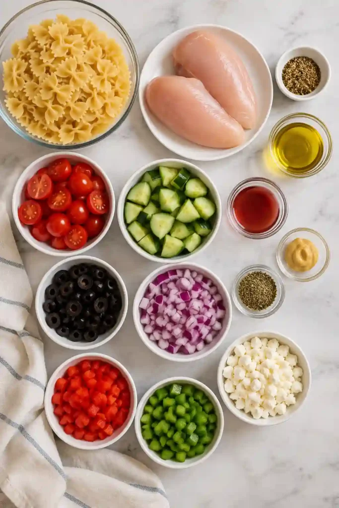 A bowl of Greek Chicken Pasta Salad made with grilled chicken, farfalle pasta, cucumbers, tomatoes, black olives, and crumbled feta cheese tossed in homemade Greek dressing. This colorful Mediterranean salad is fresh, healthy, and perfect for meal prep.