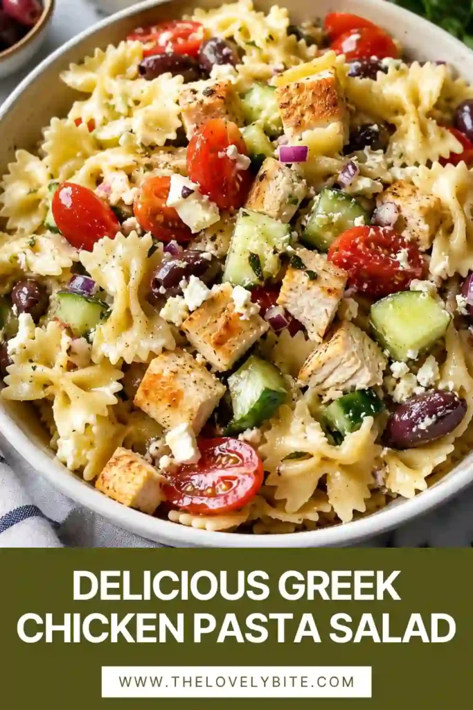 Colorful Greek Chicken Pasta Salad served in a large bowl with grilled chicken, feta cheese, vegetables, olives, and homemade herb vinaigrette.