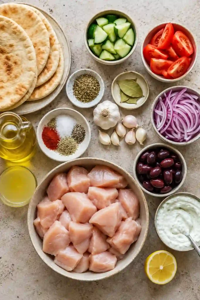 Freshly grilled Greek Chicken Souvlaki served with warm pita, Homemade Tzatziki, tomatoes, cucumbers, onions, and Kalamata olives. The juicy chicken is perfectly charred and full of Mediterranean flavor.