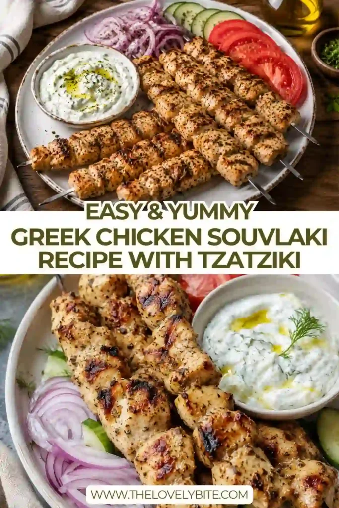 Golden Greek Chicken Skewers grilled until tender and served with creamy Homemade Tzatziki, warm pita bread, and crisp vegetables for a complete Mediterranean meal.