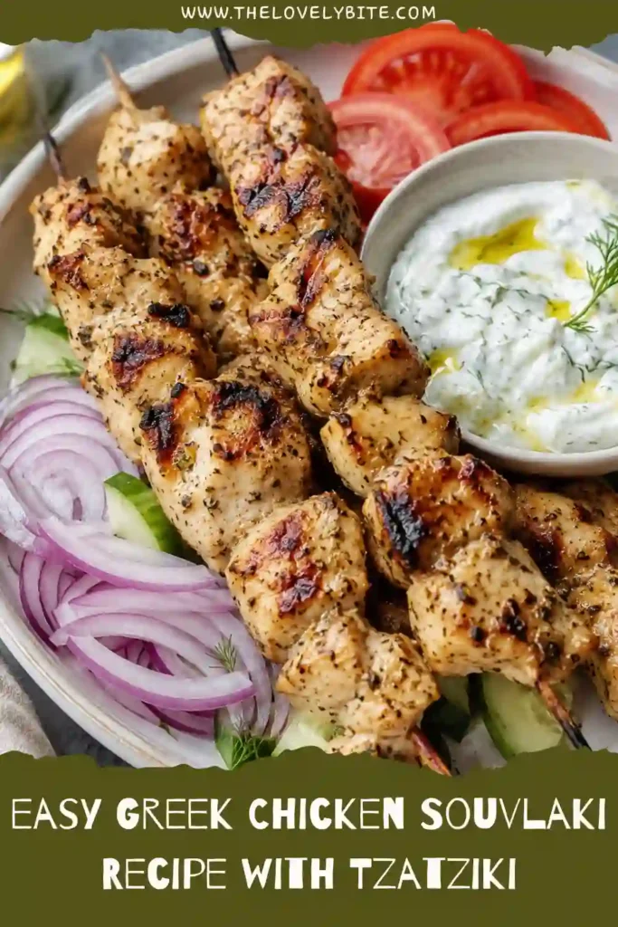 A platter of Greek Chicken Souvlaki featuring grilled chicken skewers, fresh salad vegetables, pita bread, and authentic tzatziki sauce for a delicious Greek dinner.