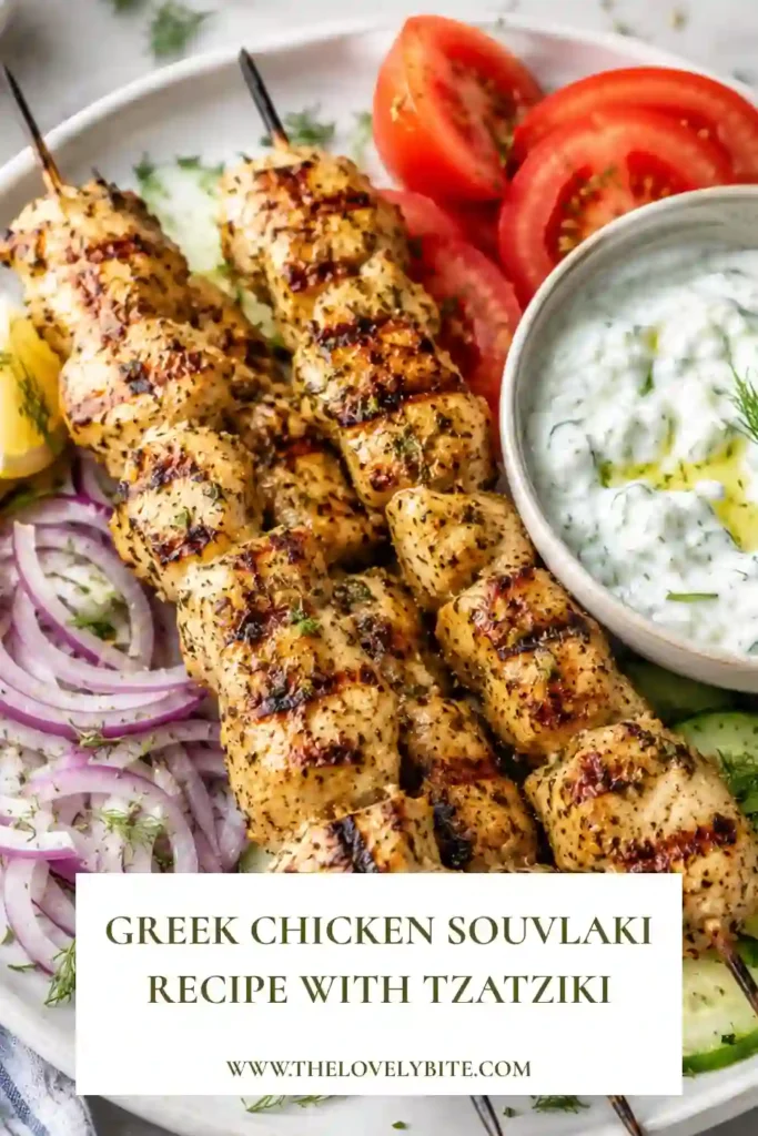 Juicy Mediterranean chicken skewers marinated with garlic, oregano, lemon, and olive oil, served with Greek pita wraps and fresh Homemade Tzatziki.