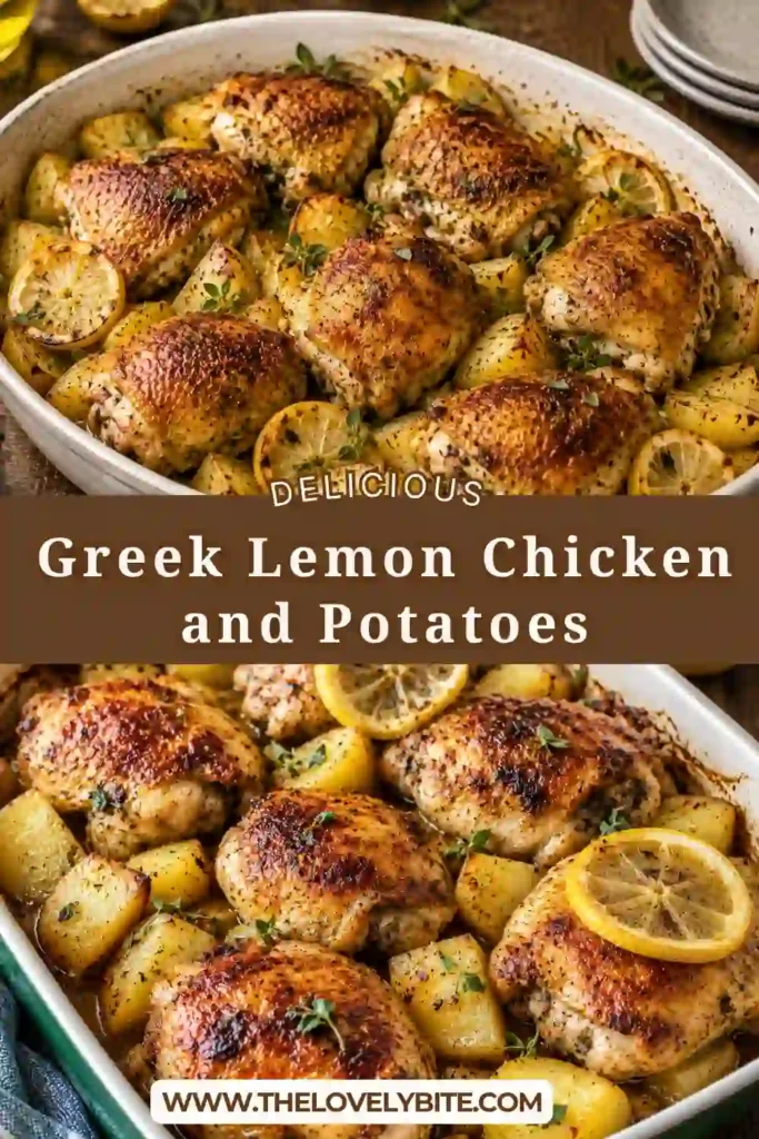 A baking dish filled with juicy Greek Lemon Chicken and Potatoes coated in a garlic lemon herb marinade. The potatoes are perfectly browned and ready to serve.