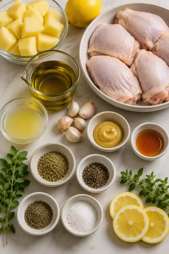 Greek Lemon Chicken and Potatoes roasted until golden with crispy skin and tender Yukon Gold potatoes. Fresh lemon slices and oregano add vibrant Mediterranean flavor.