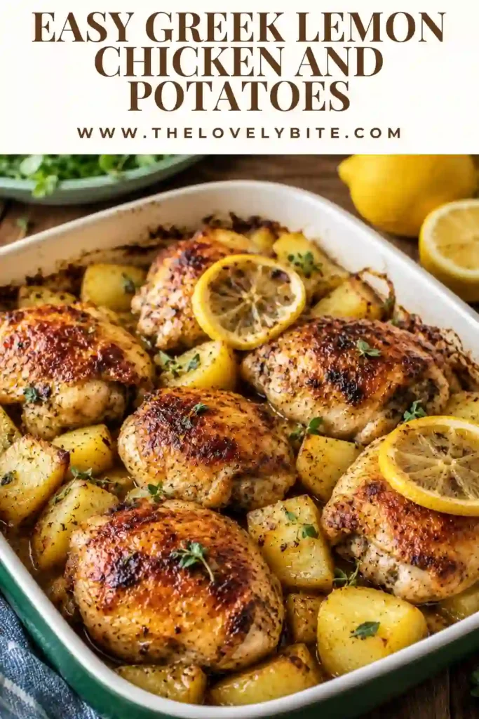 Easy Greek Lemon Chicken and Potatoes prepared with roasted chicken thighs, fresh lemon, oregano, and golden potatoes. A classic Mediterranean family dinner.