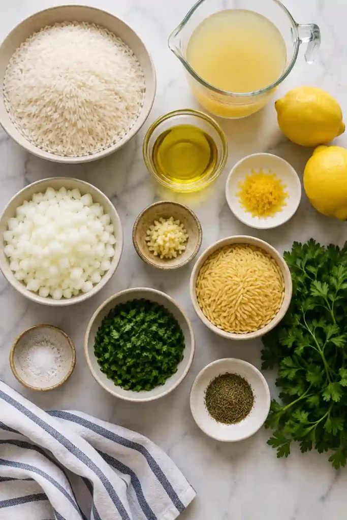 A bowl of Greek Lemon Rice made with fluffy basmati rice, toasted orzo, fresh parsley, dill, and lemon zest. This Mediterranean rice side dish looks light, vibrant, and perfectly seasoned.