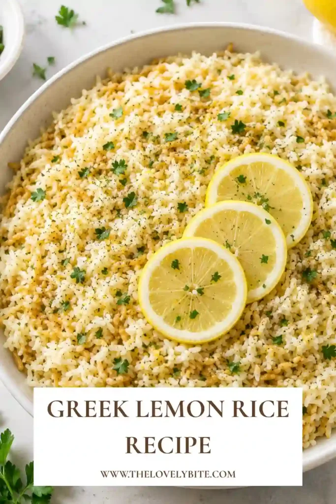 Close-up of homemade Greek Lemon Rice featuring fragrant basmati rice, herbs, and fresh lemon. A delicious Greek rice recipe perfect for any meal.