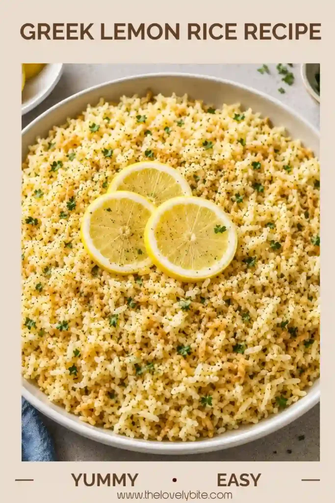 Mediterranean Greek Lemon Rice garnished with parsley and lemon wedges. This easy lemon rice recipe is light, fluffy, and full of fresh flavor.